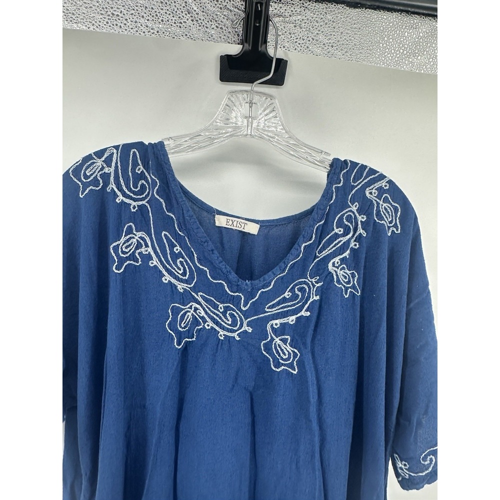 Blue Embroidered Boho Midi Dress Womens Loose Fit Caftan Peasant Beachy Flowy - Picture 3 of 9